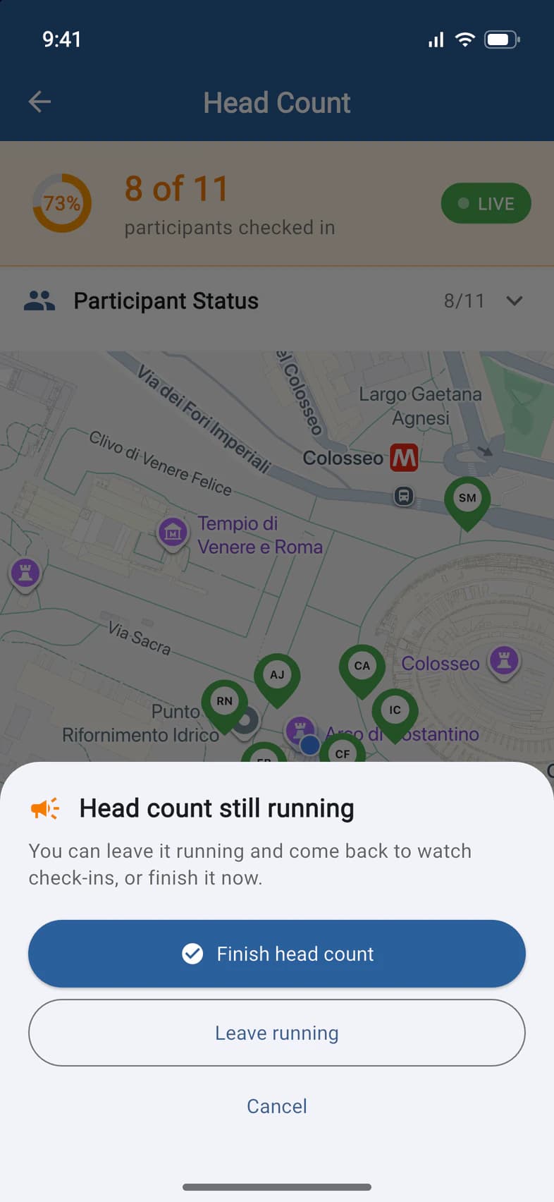 Head count still running: Finish head count, Leave running, Cancel