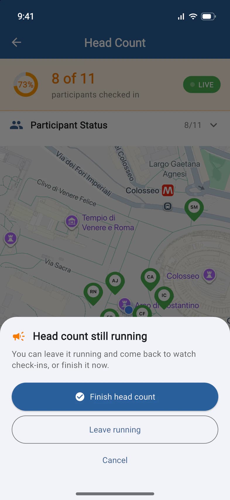 Head count still running: Finish head count, Leave running, Cancel