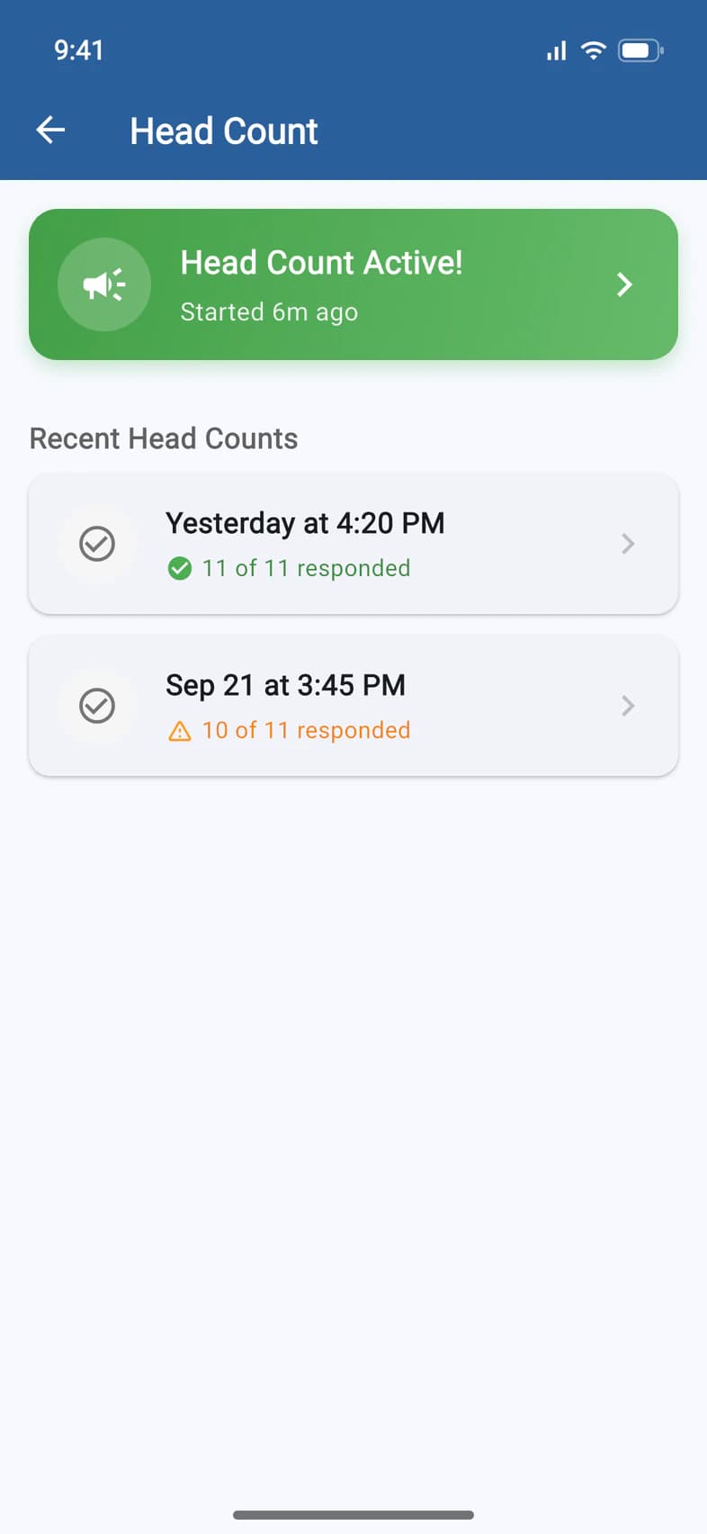 Head Count: the green Head Count Active! banner, started 6 minutes ago, above Recent Head Counts