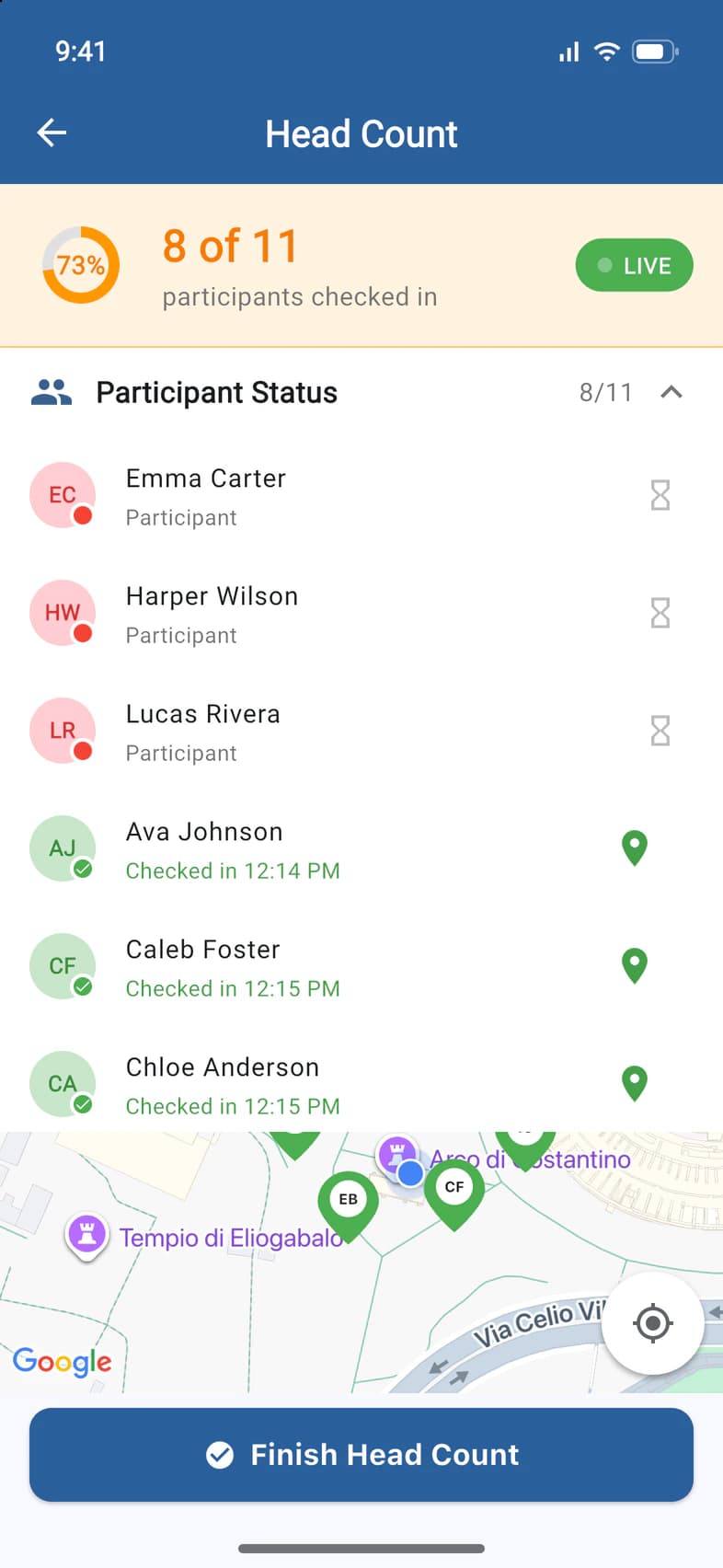 Participant Status: Emma Carter, Harper Wilson and Lucas Rivera have not checked in; Ava Johnson checked in at 12:14 PM, with a pin to show her on the map