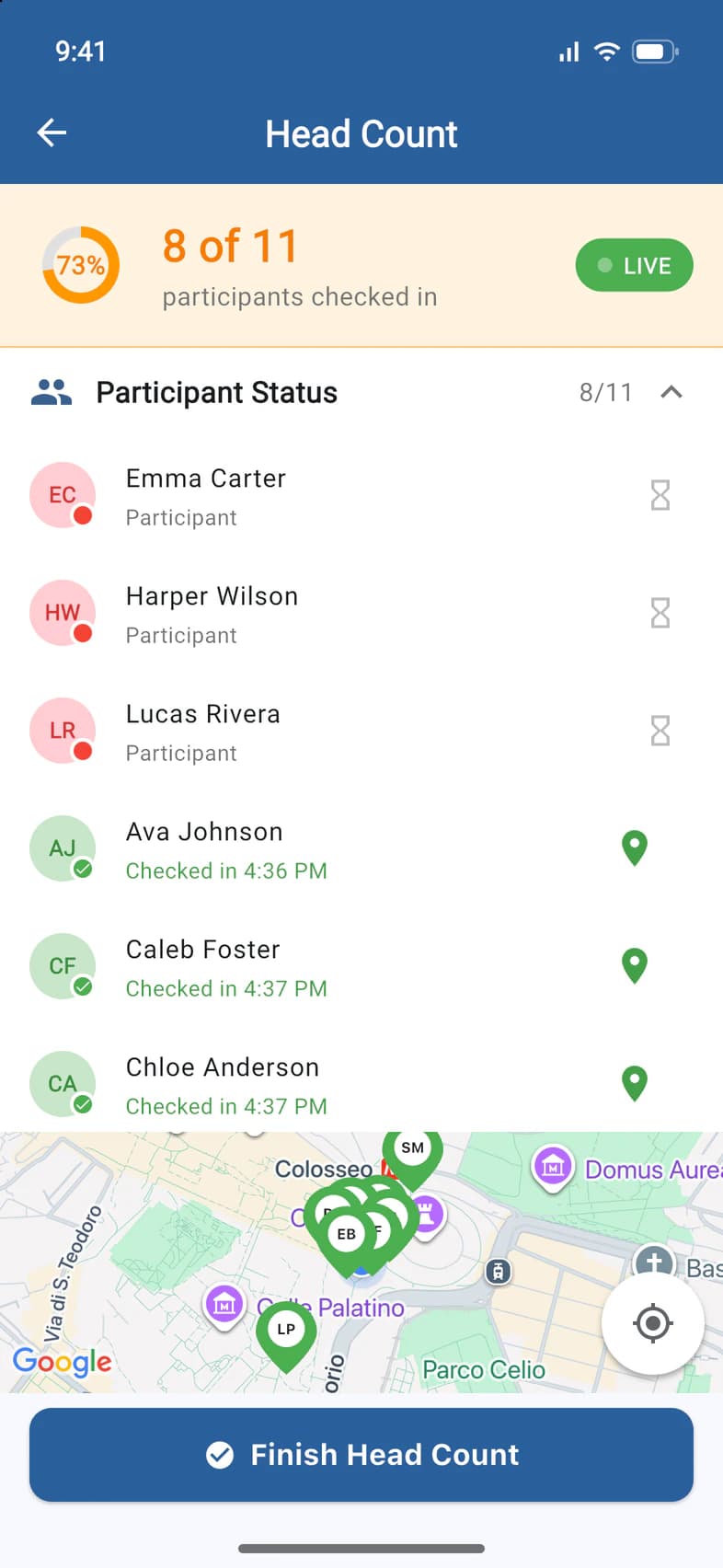 Participant Status: Emma Carter, Harper Wilson and Lucas Rivera have not checked in; Ava Johnson checked in at 4:36 PM, with a pin to show her on the map