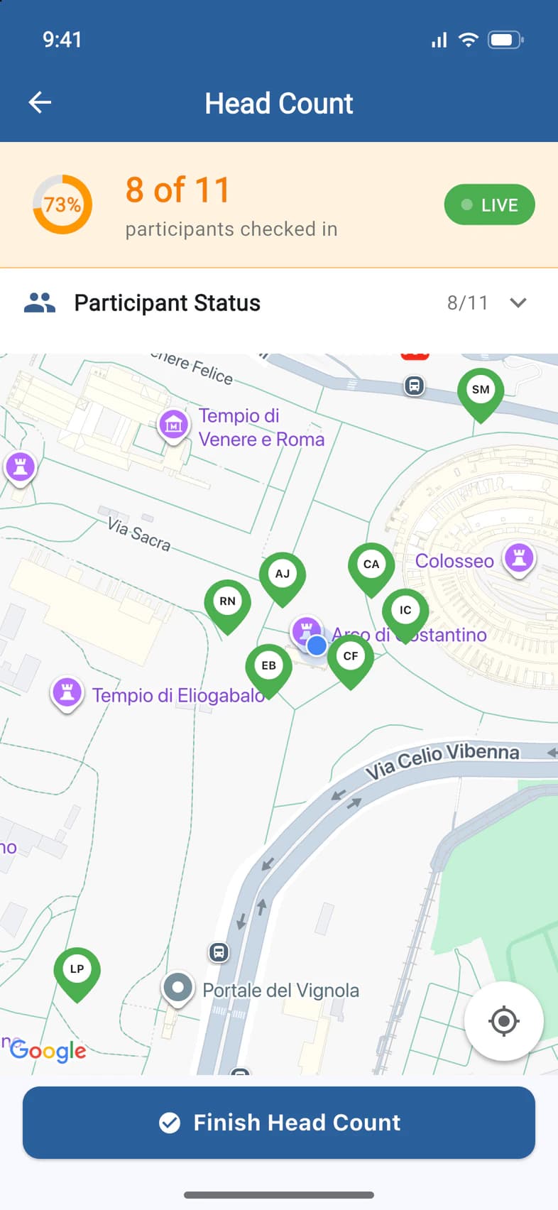 A running head count: 8 of 11 participants checked in, LIVE, and the check-ins as green pins around the Arch of Constantine, beside the Colosseum