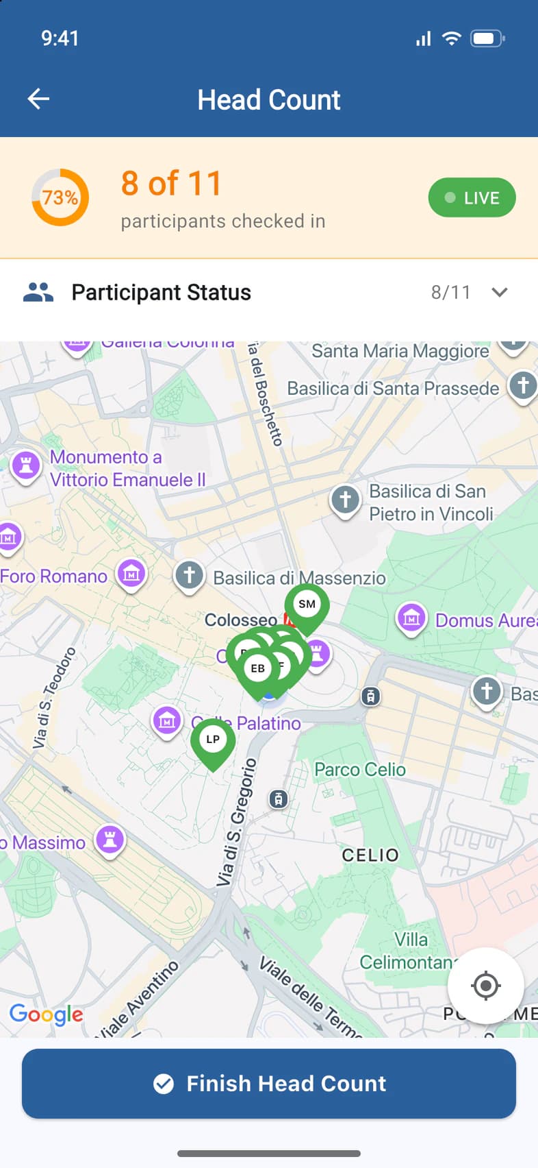 A running head count: 8 of 11 participants checked in, LIVE, and the check-ins as green pins on a map of the Colosseum area