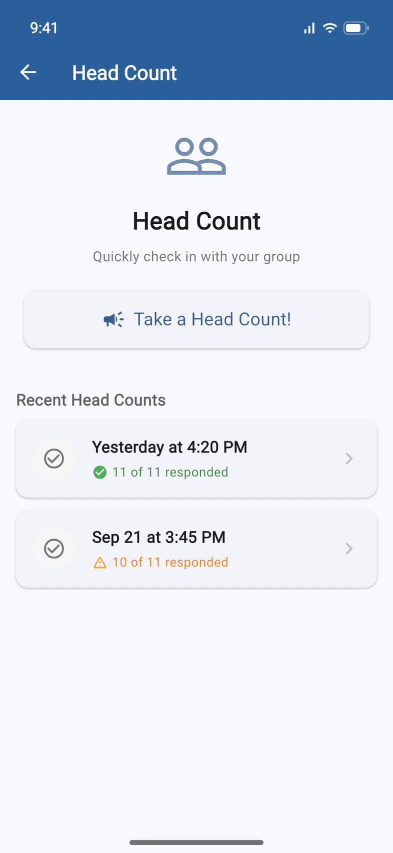 Head Count: the Take a Head Count! button, and Recent Head Counts from yesterday and September 21