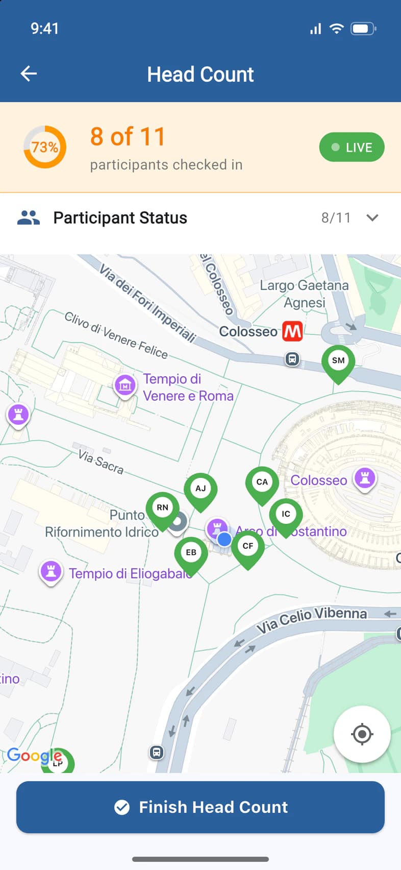 The map zoomed in on Ava Johnson's check-in beside the Arch of Constantine, with other travelers' initials around it
