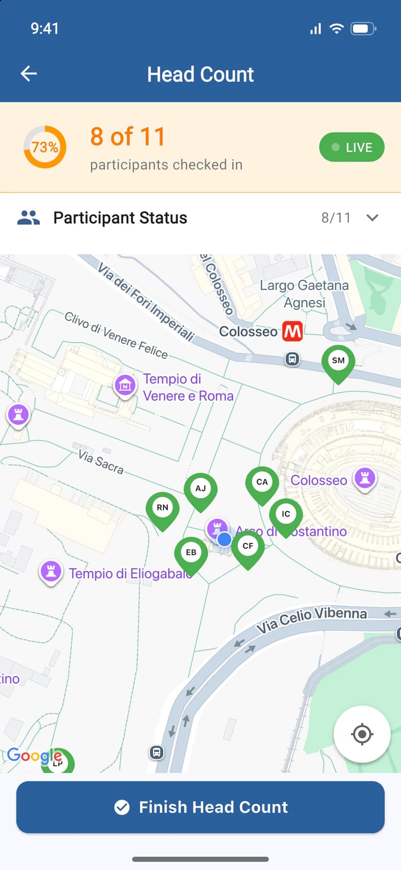 The map zoomed in on Ava Johnson's check-in beside the Arch of Constantine, with other travelers' initials around it