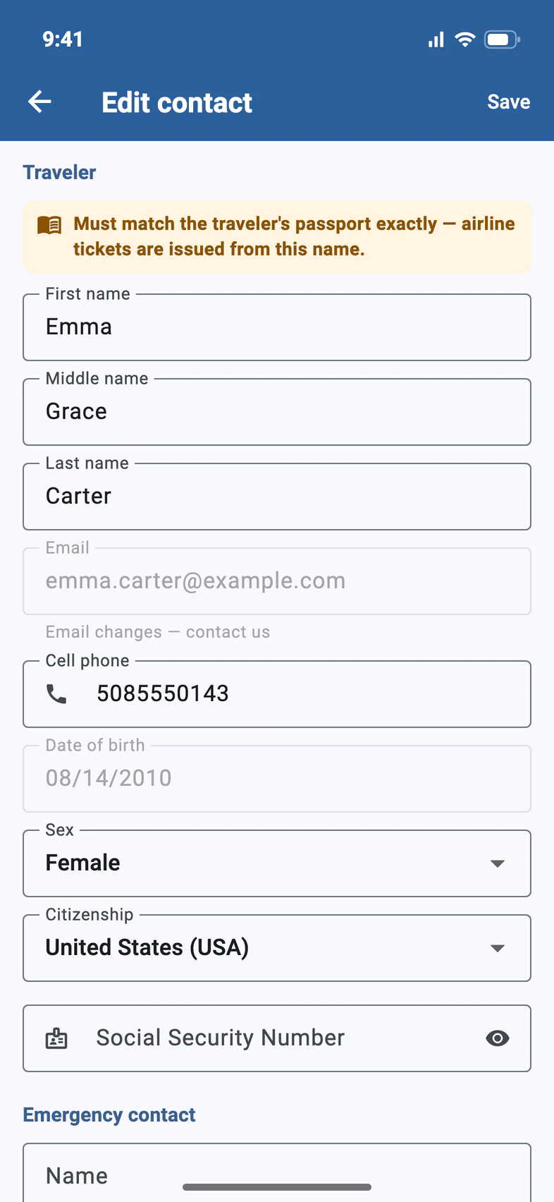 Edit contact: a note that the name must match the passport, the traveler's name, a grayed-out email with Email changes — contact us, and the cell phone typed in
