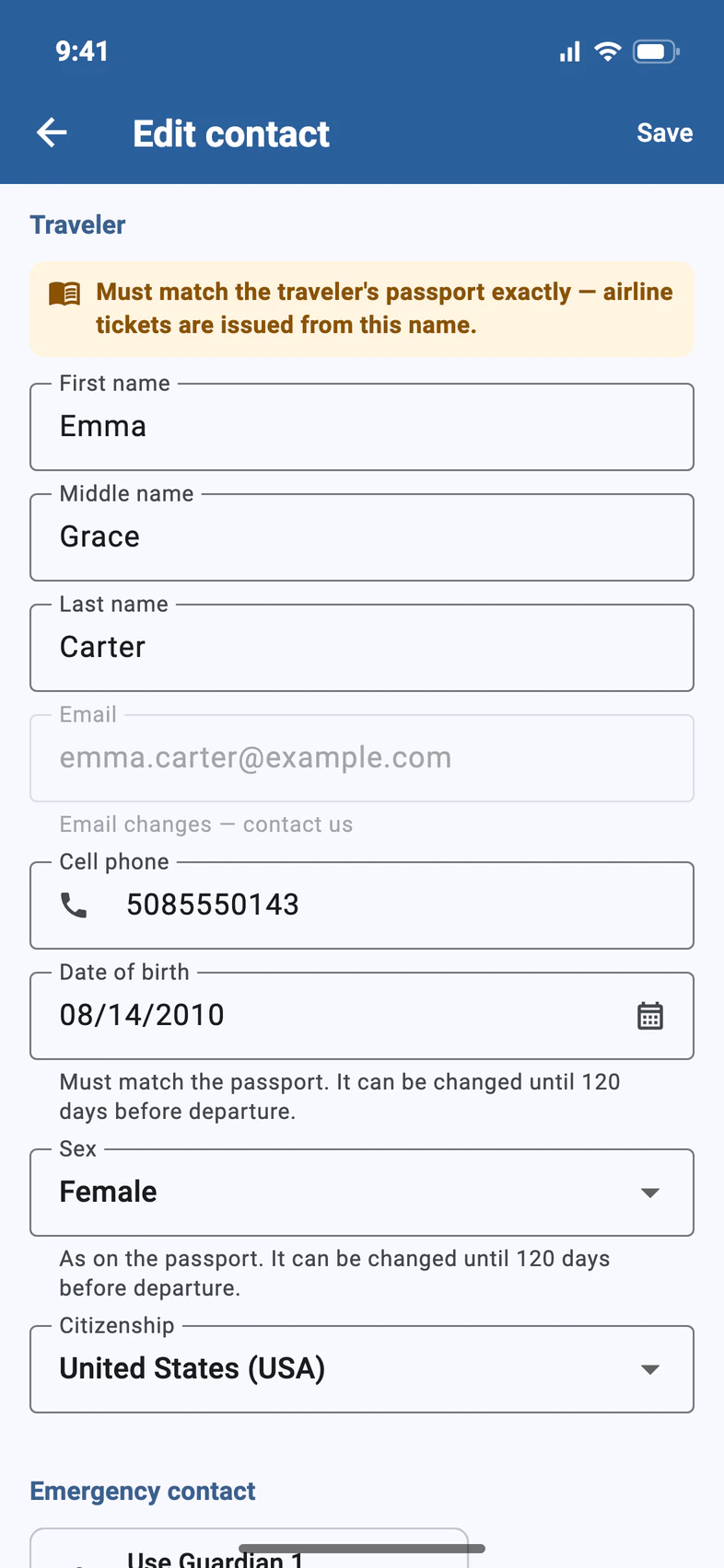 Edit contact: a note that the name must match the passport, the traveler's name, a grayed-out email with Email changes — contact us, the cell phone typed in, then Date of birth, Sex and Citizenship