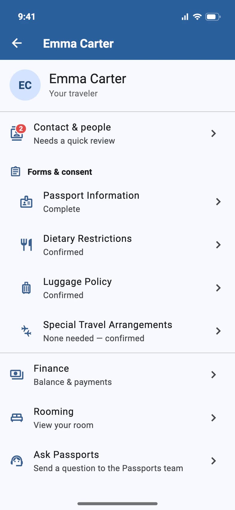Emma Carter's account page: Contact & people shows a red 2 and Needs a quick review