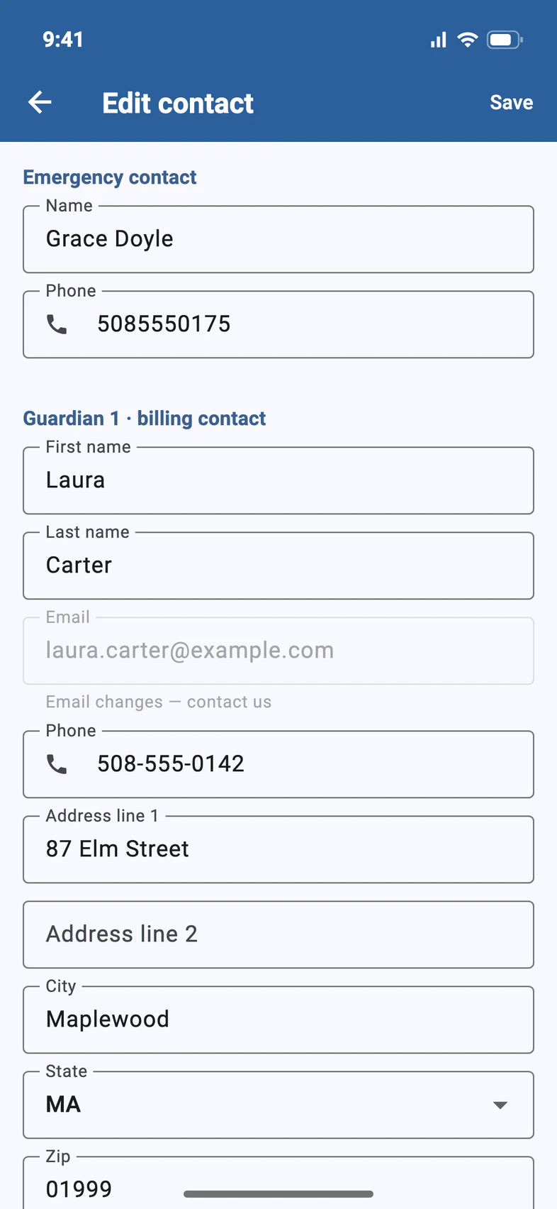 Edit contact scrolled down: an emergency contact, Grace Doyle, with a phone number, then Guardian 1's details and the home address, and Save at the top right
