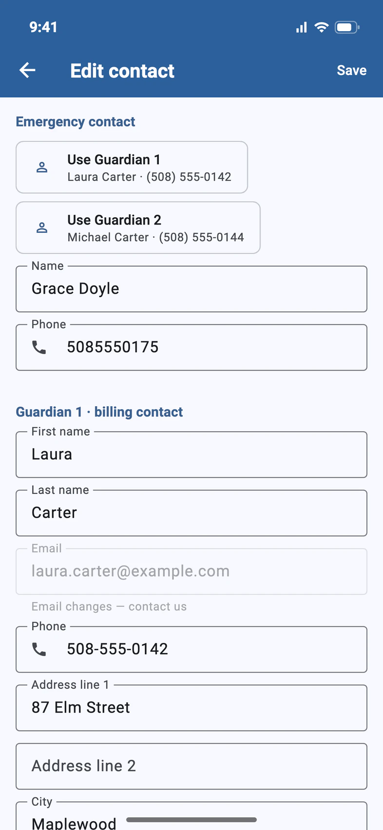 Edit contact scrolled down: Emergency contact with Use Guardian 1 (Laura Carter) and Use Guardian 2 (Michael Carter) buttons, an emergency contact, Grace Doyle, with a phone number, then Guardian 1's details and the home address, and Save at the top right