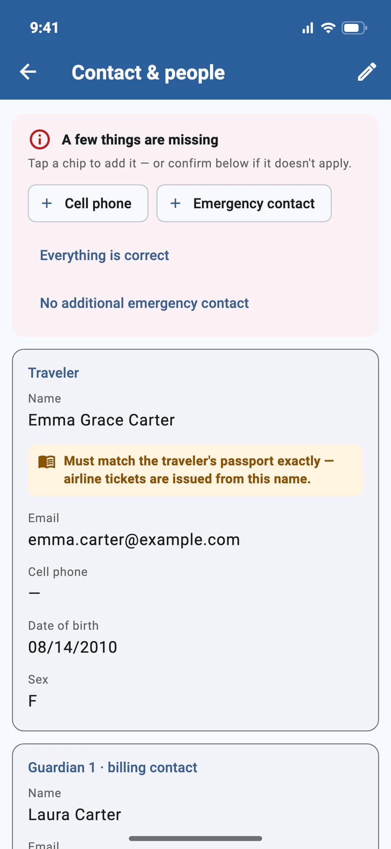 Contact & people: A few things are missing, with Cell phone and Emergency contact chips, Everything is correct and No additional emergency contact, and the traveler's details below