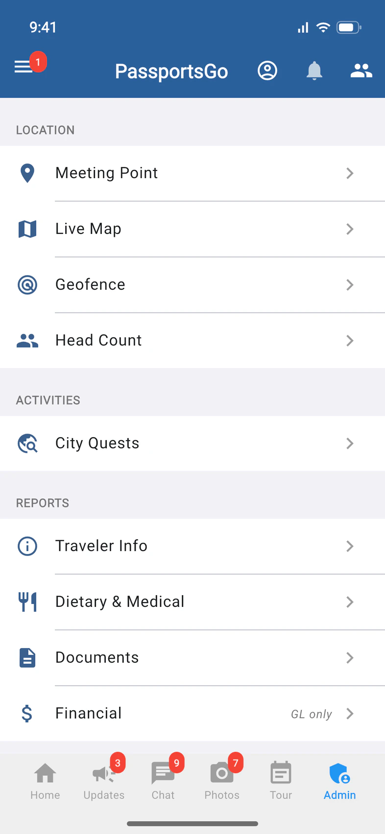 The Admin tab: Activities, with City Quests