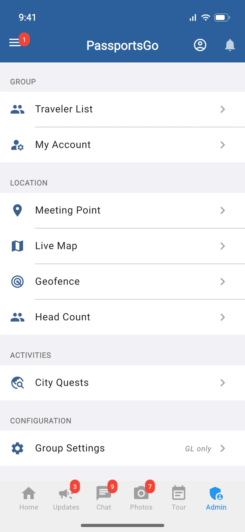 The Admin tab: Group and Location, then Activities with City Quests