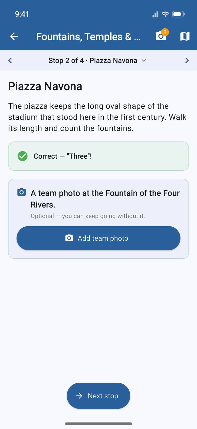 Correct — Three! Then Add team photo, and the Next stop button