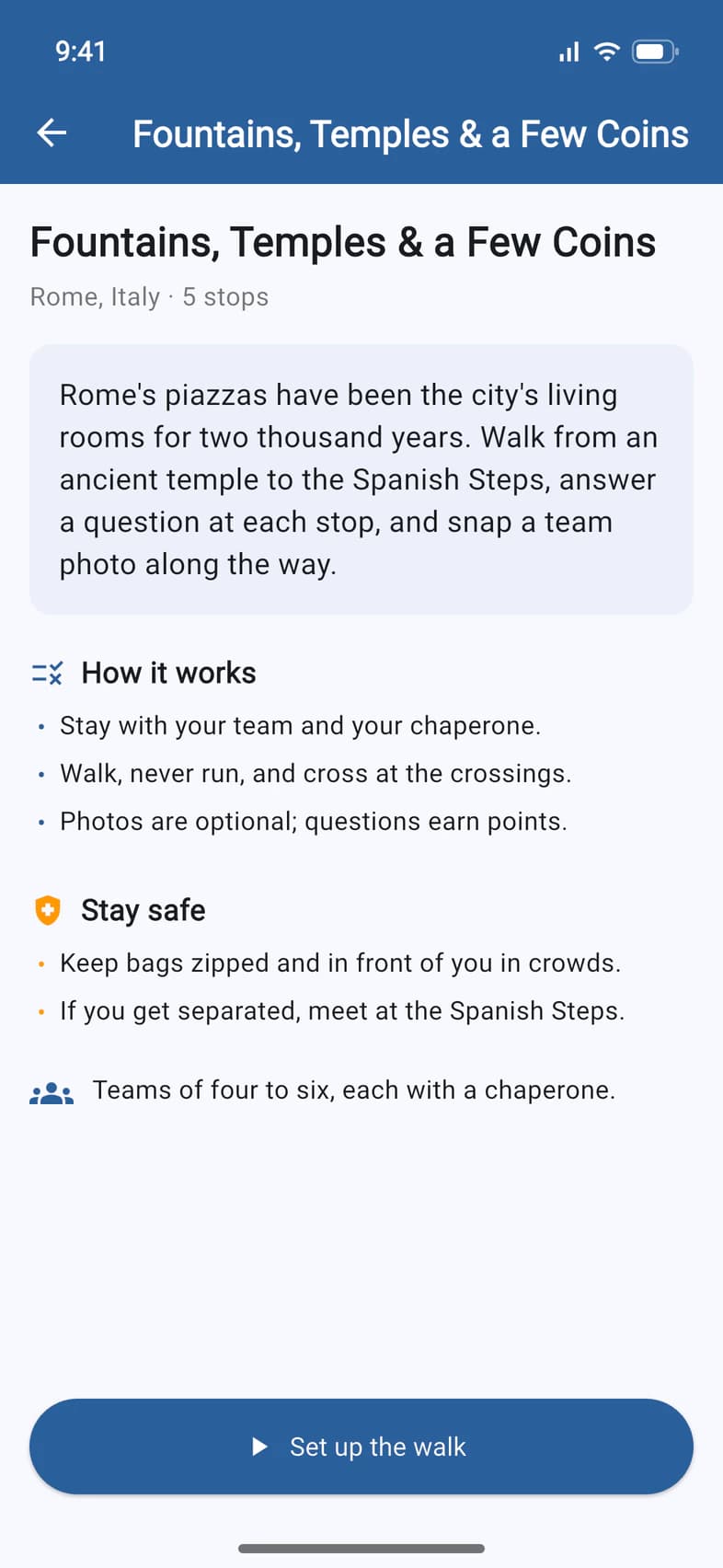 The quest's introduction: the story, How it works, Stay safe, and the Set up the walk button