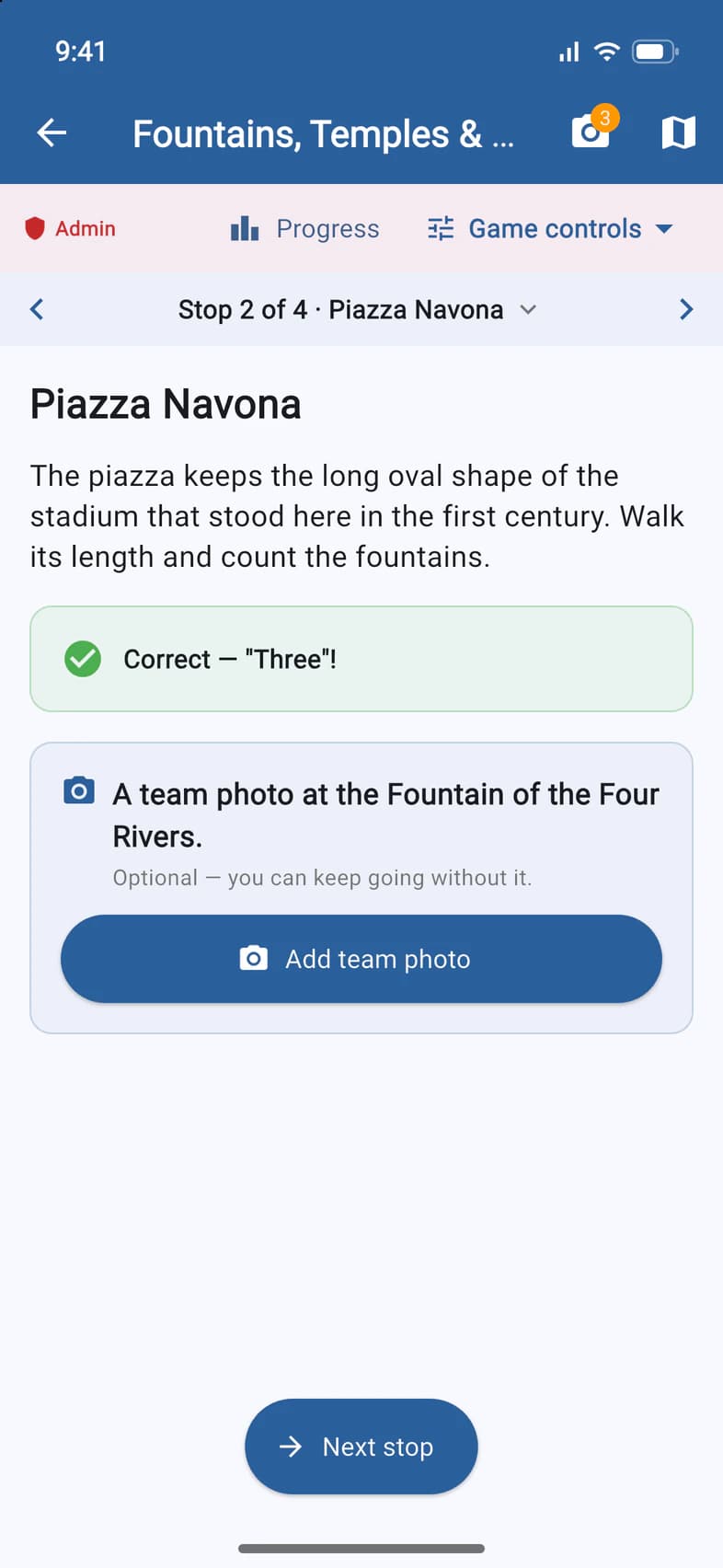 The quest as the leader sees it: the Admin bar with Progress and Game controls above the stop, Piazza Navona, answered