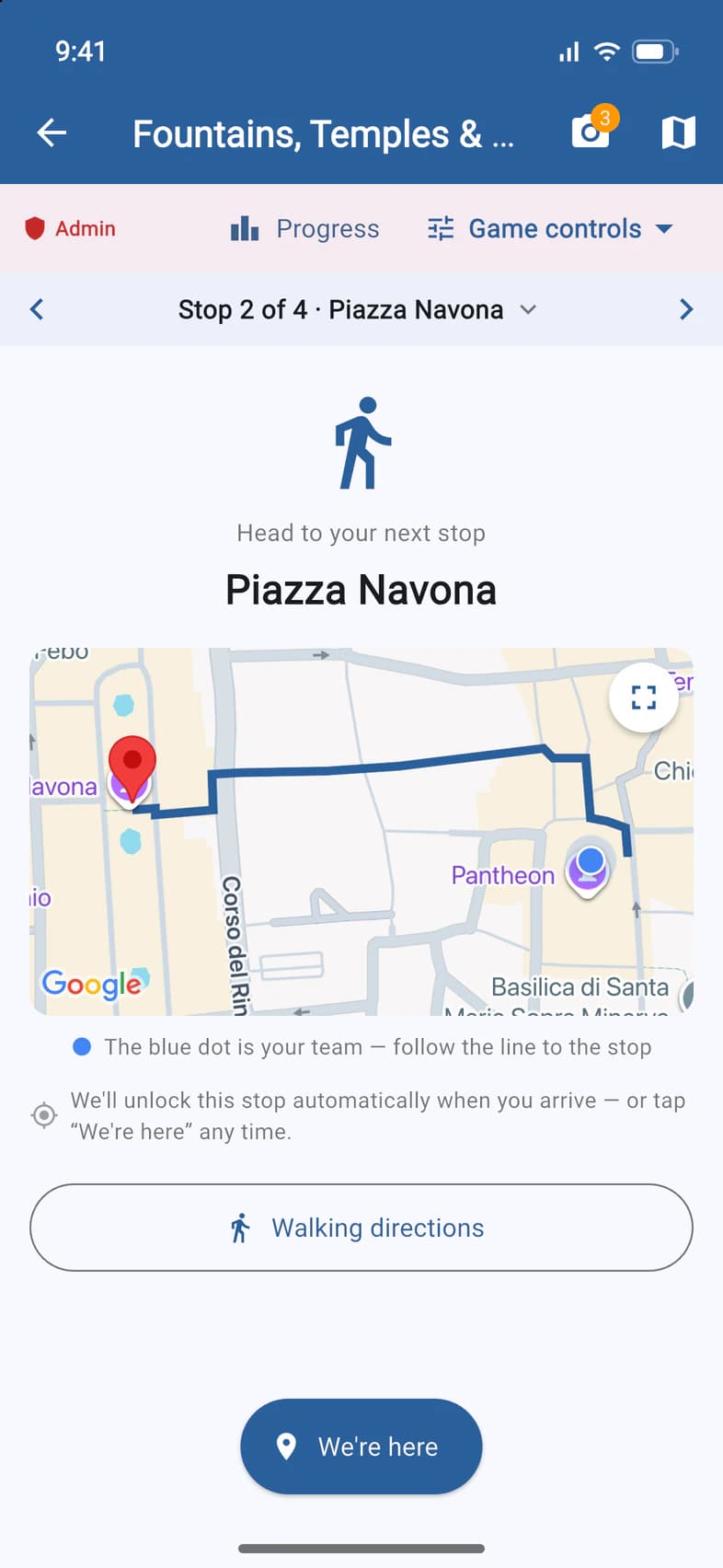 The quest as the leader sees it: the Admin bar with Progress and Game controls above stop 2, the walk from the Pantheon to Piazza Navona, and the We're here button