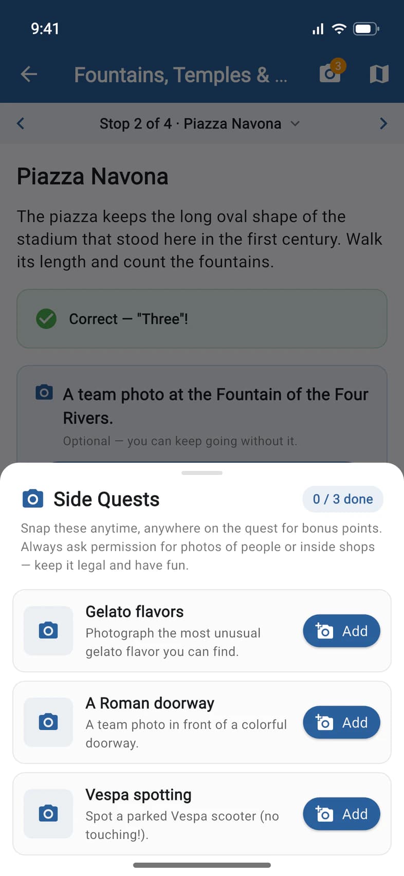 Side Quests: photo challenges such as Gelato flavors, A Roman doorway and Vespa spotting