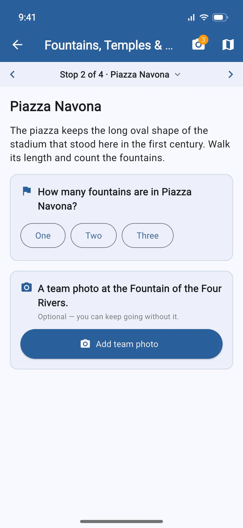 Piazza Navona: the stop's story, the question How many fountains are in Piazza Navona? with the answers One, Two and Three, and the team photo card