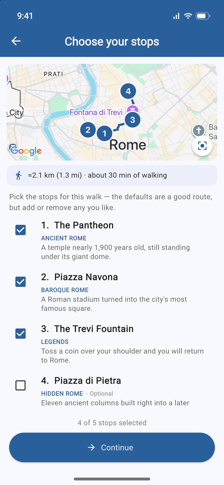 Choose your stops: a map of Rome with four numbered stops joined by the walking route, about 2.1 km and 30 minutes of walking, and the ticked stops