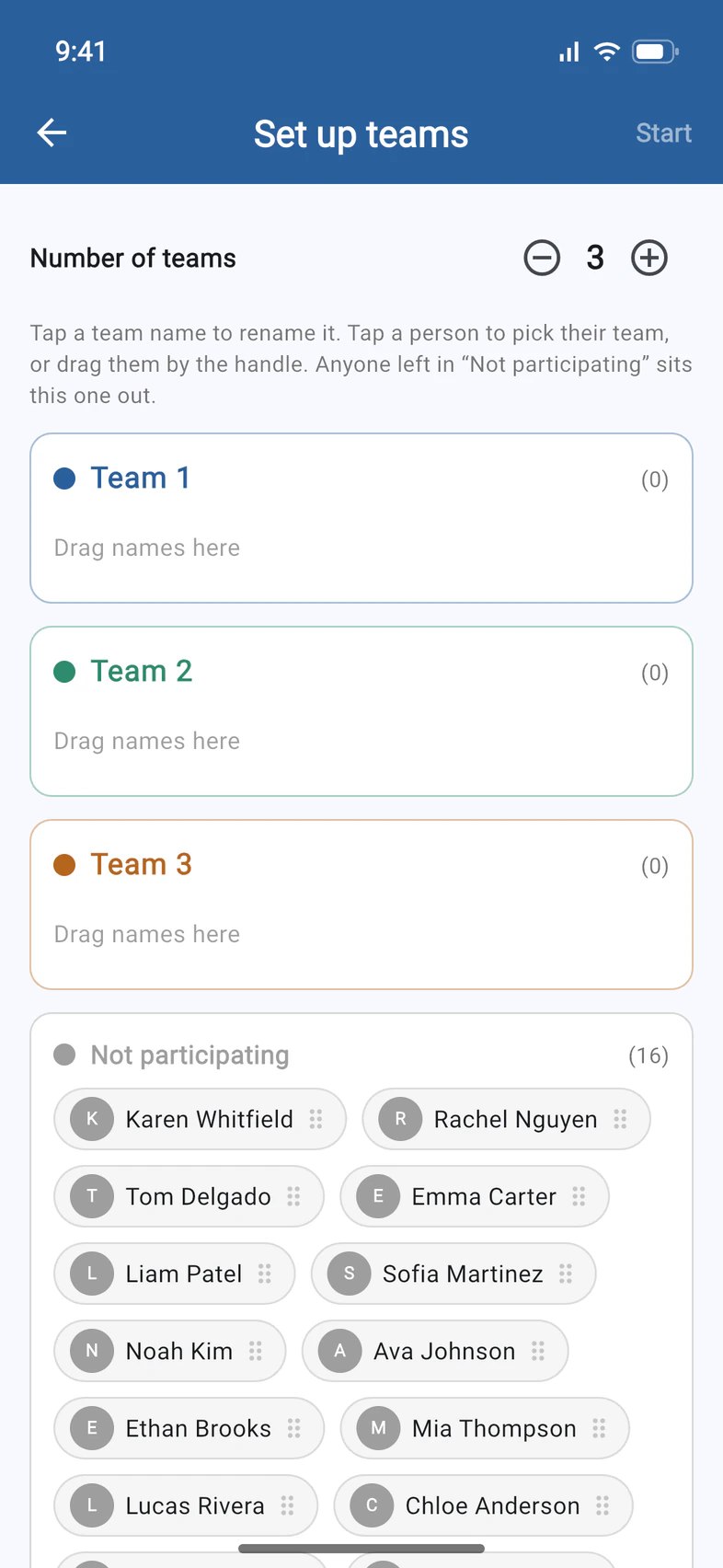 Set up teams: three teams, still empty, and everyone under Not participating; Start at the top