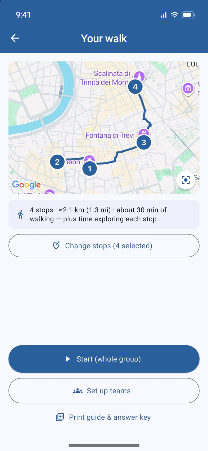 Your walk: the route through 4 stops, about 2.1 km and 30 minutes of walking, Start (whole group), Set up teams, and Print guide & answer key