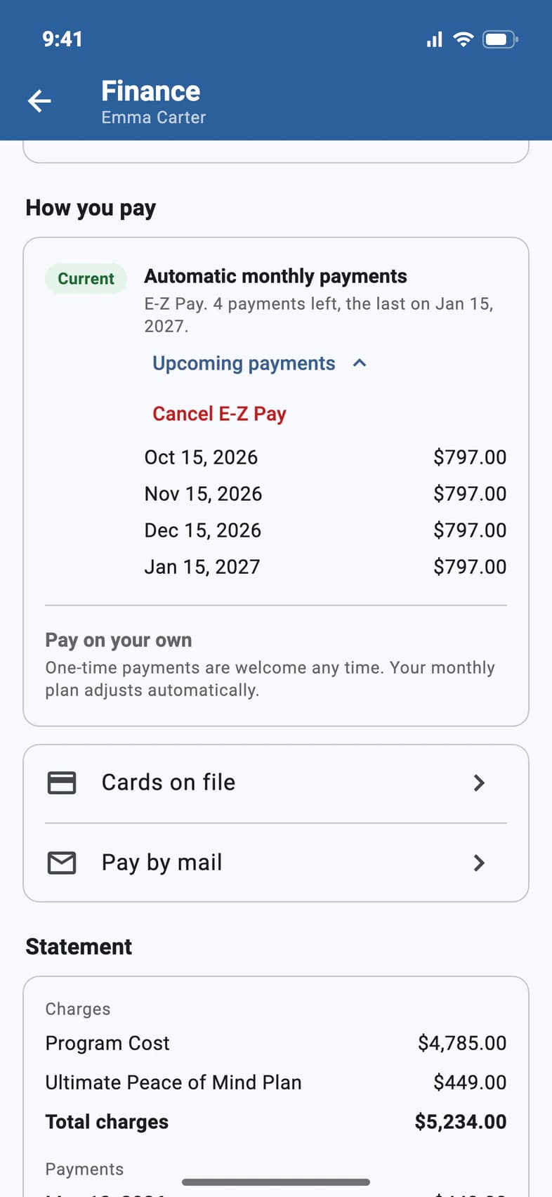 How you pay: Automatic monthly payments, current: E-Z Pay, 4 payments left, the last on Jan 15, 2027, with the upcoming payments listed and Cancel E-Z Pay