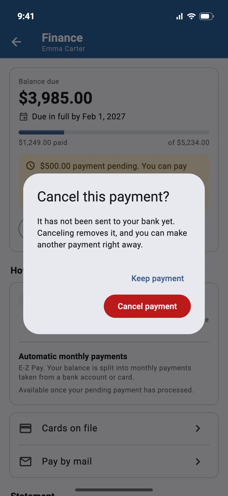 Cancel this payment? It has not been sent to your bank yet. Keep payment or Cancel payment