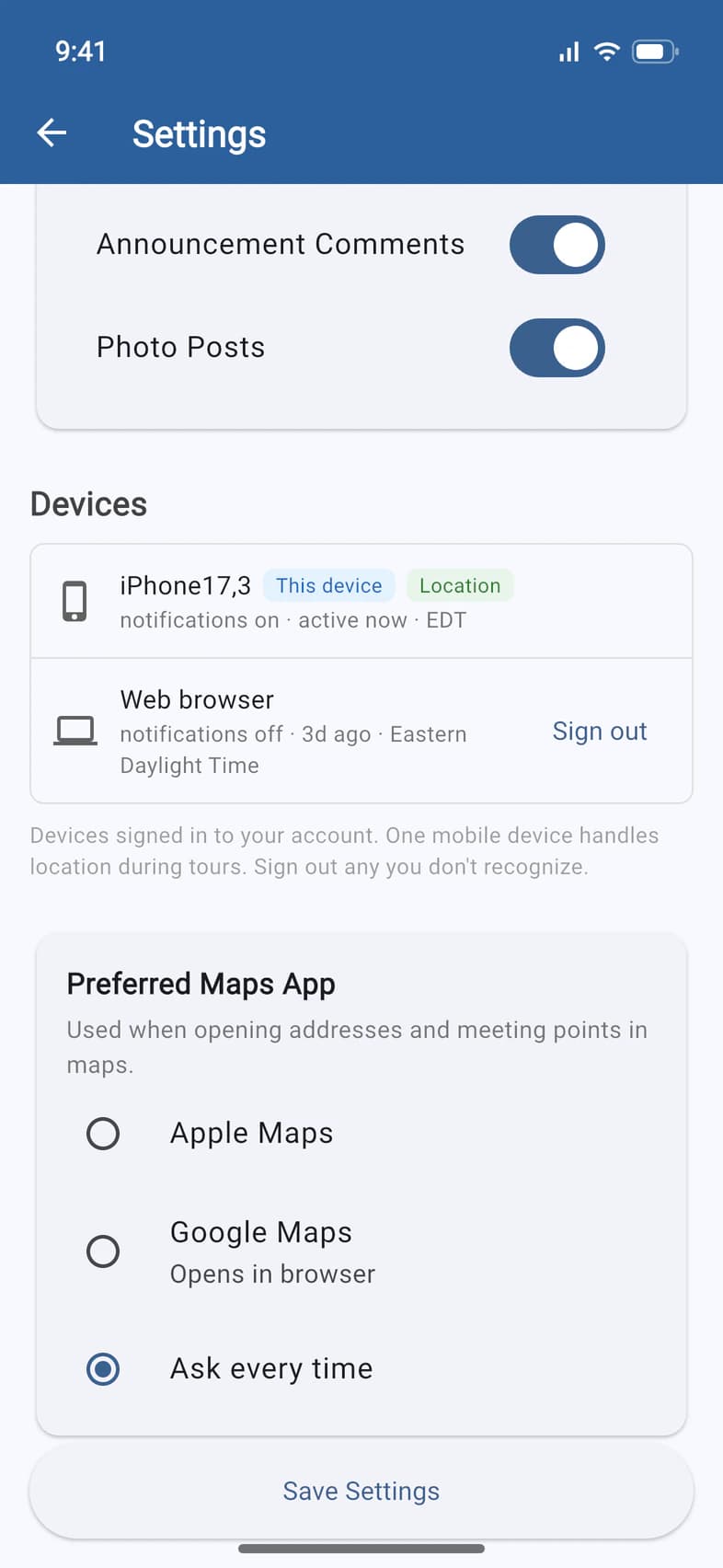 Settings, Devices: an iPhone marked This device and Location, notifications on, active now; a web browser from 3 days ago with a Sign out button