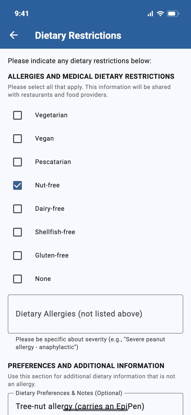 Dietary Restrictions: allergies and medical dietary restrictions with Vegetarian, Vegan, Pescatarian, Nut-free (ticked), Dairy-free, Shellfish-free, Gluten-free and None, then a field for other allergies