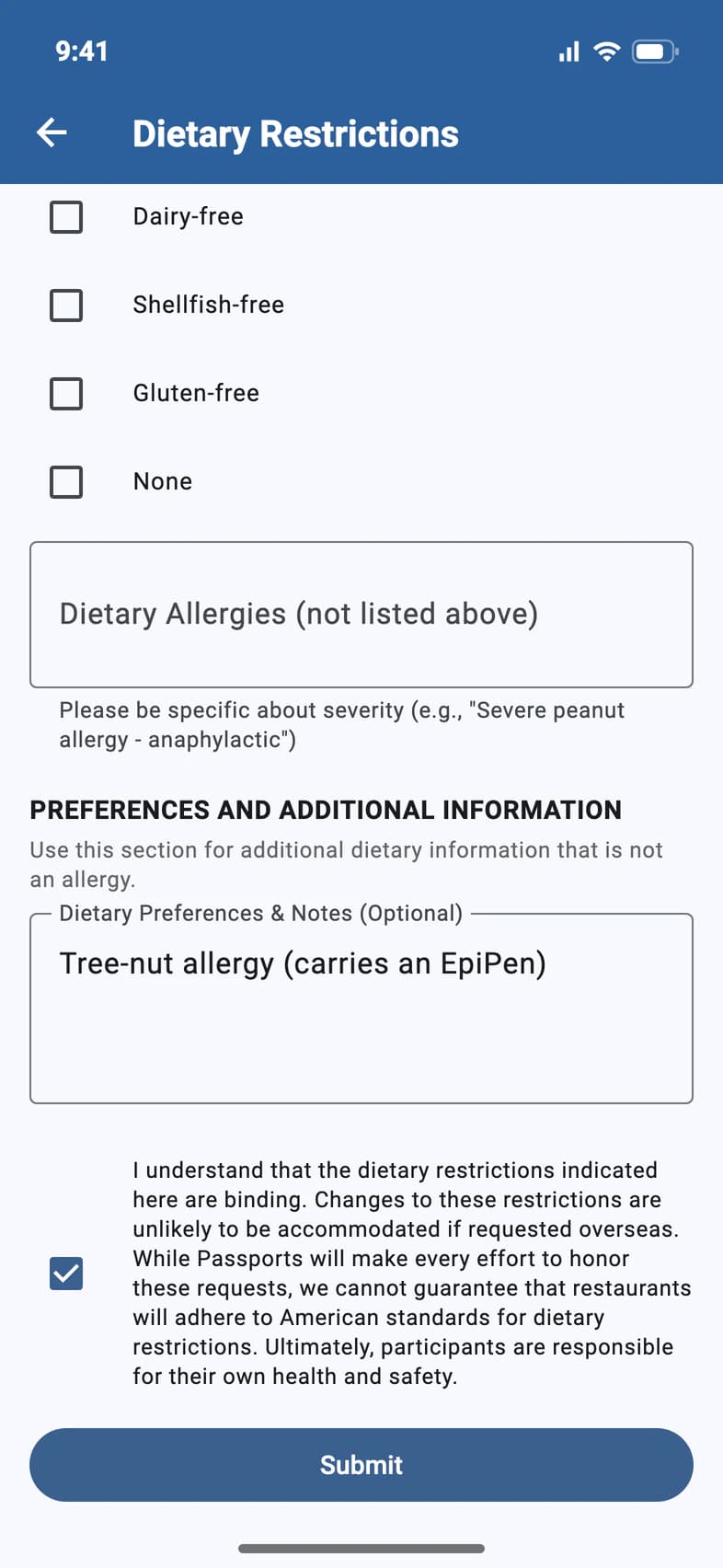 The bottom of the form: Dietary Allergies (not listed above), Dietary Preferences & Notes with Tree-nut allergy (carries an EpiPen), the binding acknowledgement ticked, and Submit
