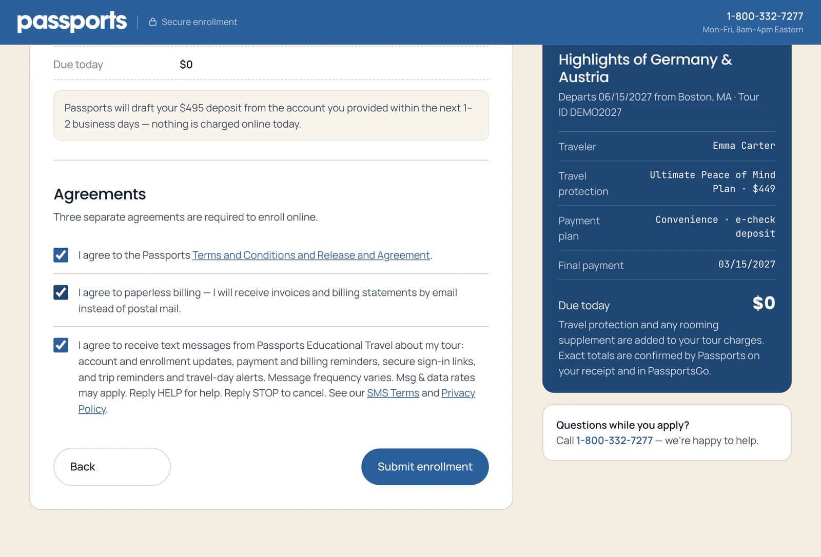 Agreements, all three ticked: the Terms and Conditions and Release and Agreement, paperless billing, and text messages about the tour; then the Submit enrollment button