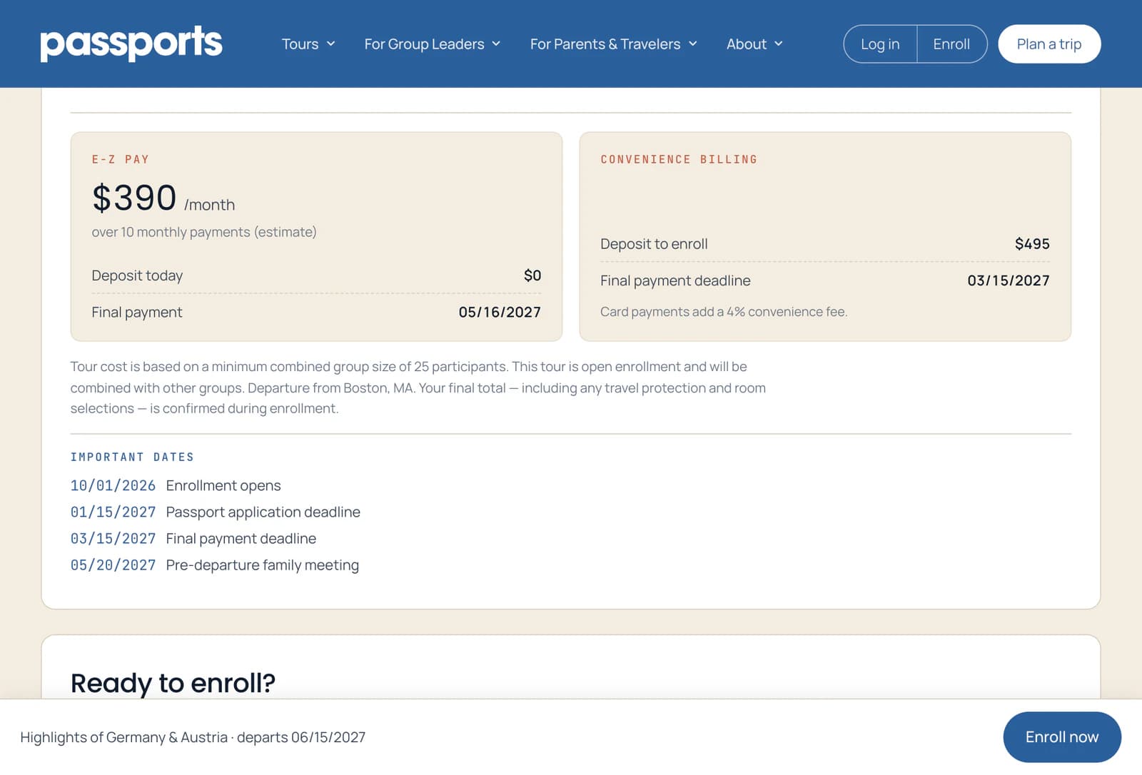 Cost & payments: E-Z Pay at about $390 a month with $0 today, Convenience Billing with a $495 deposit and a final payment deadline, then the tour's important dates