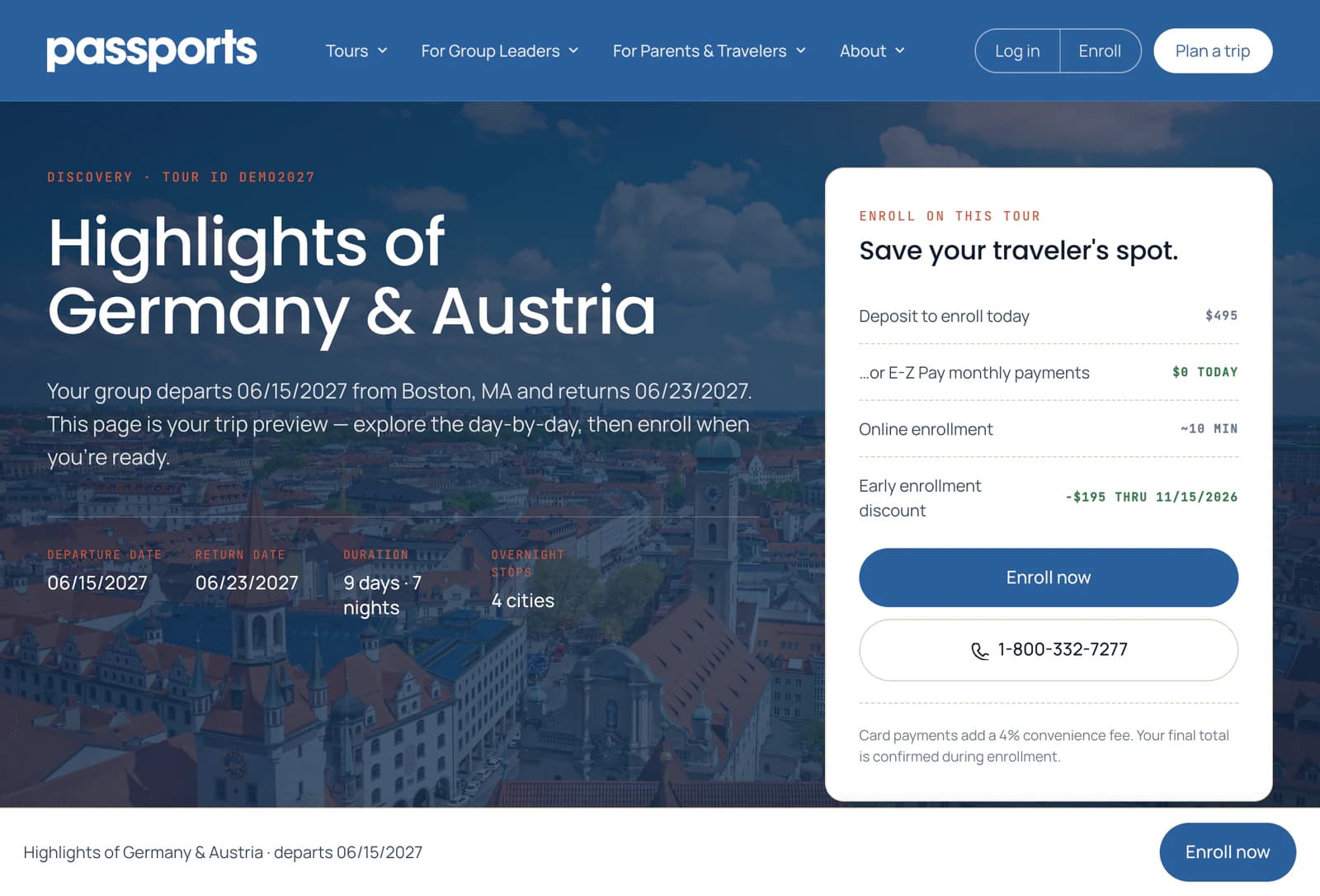 The tour page for Highlights of Germany & Austria: departure and return dates, 9 days, and the Enroll on this tour card with the deposit, E-Z Pay at $0 today, and Enroll now