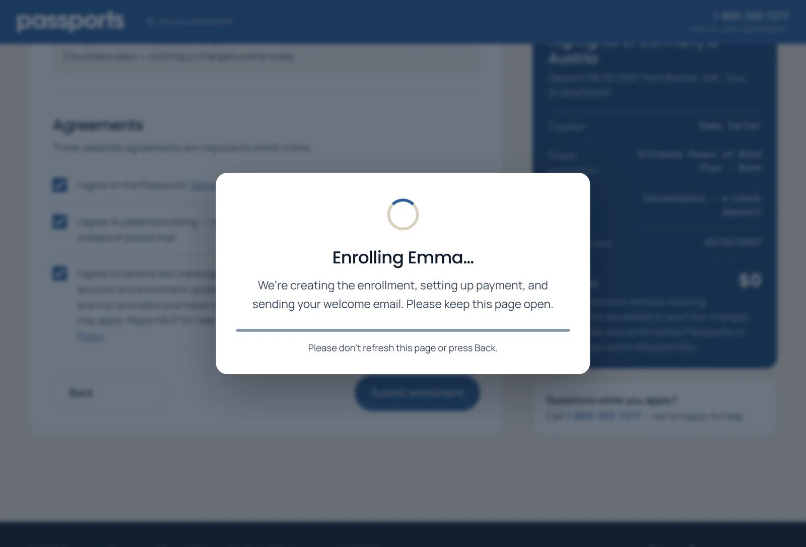 Enrolling Emma…: we're creating the enrollment, setting up payment, and sending your welcome email; please don't refresh this page or press Back