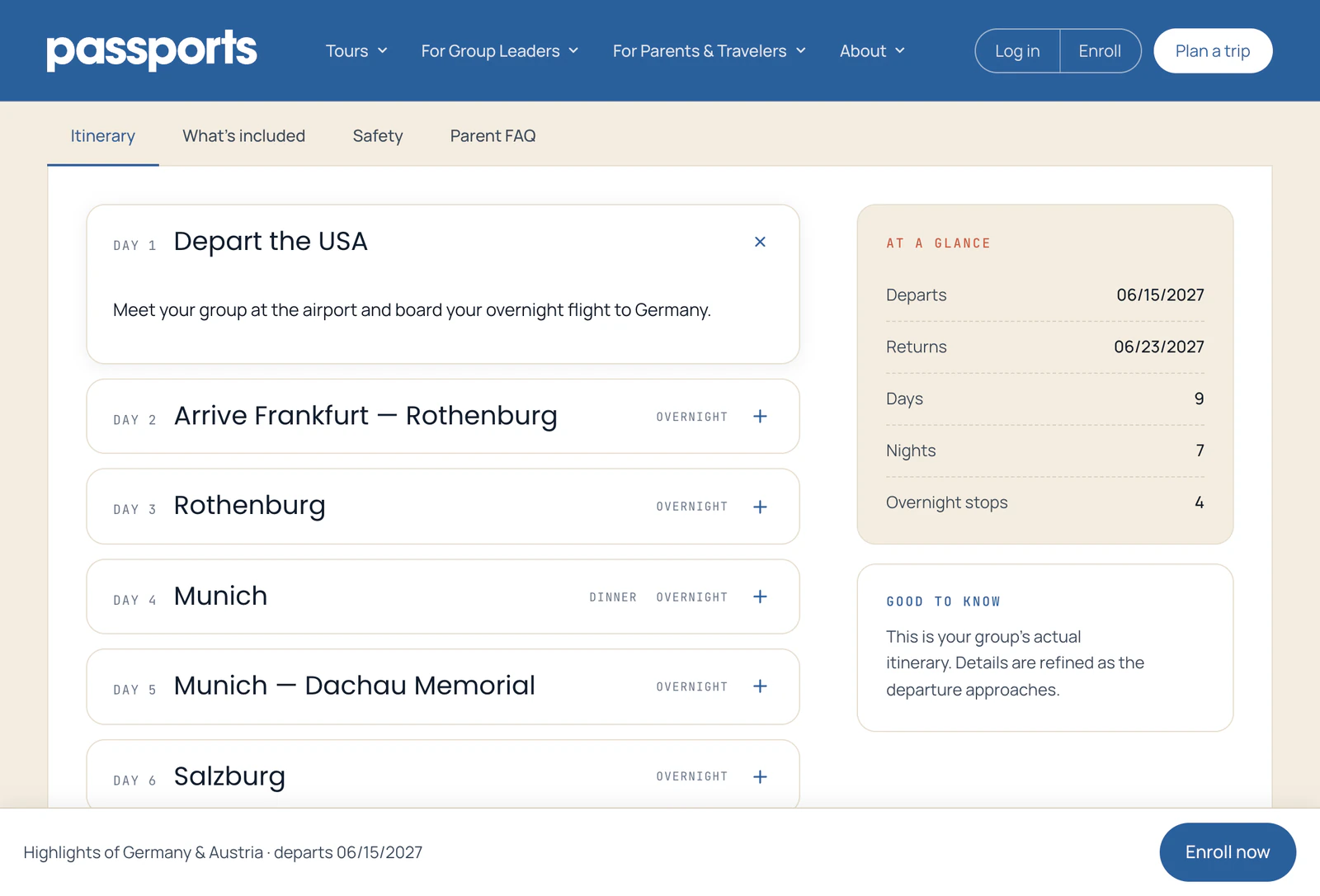 The tabs Itinerary, What's included, Safety and Parent FAQ, above the day-by-day list: Depart the USA, Arrive Frankfurt — Rothenburg, Munich, Salzburg