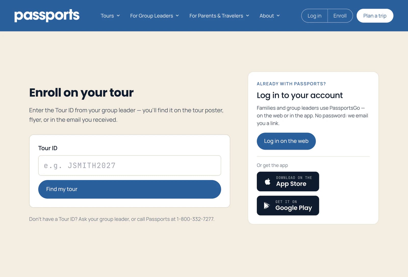 passports.com/enroll: Enroll on your tour, with the Tour ID field and the Find my tour button