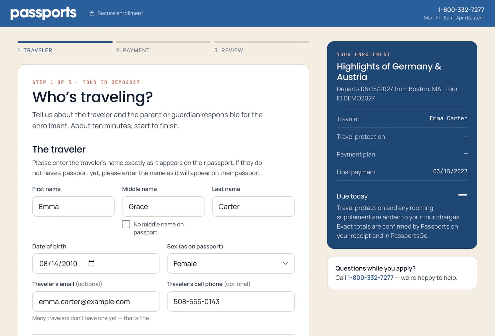 Step 1 of 3, Who's traveling? The traveler: Emma, Grace, Carter, the No middle name on passport box, the date of birth 08/14/2010, Female, and the optional email and cell phone