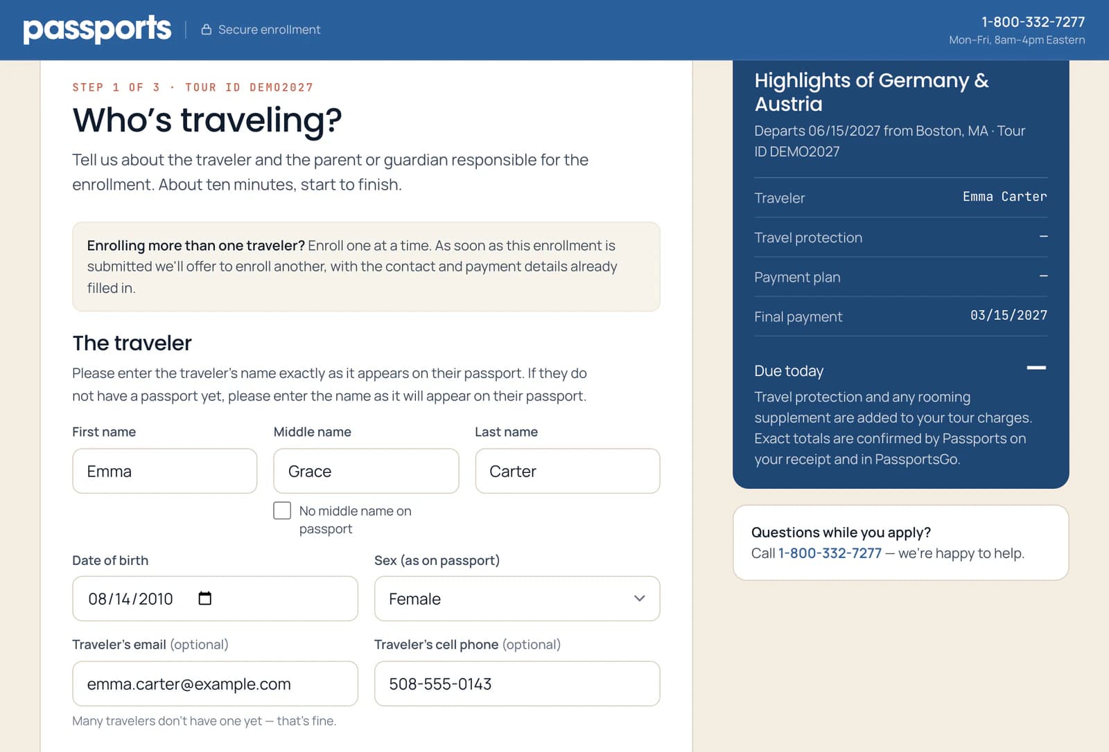 Step 1 of 3, Who's traveling? A note: Enrolling more than one traveler? Enroll one at a time. Then the traveler: Emma, Grace, Carter, the No middle name on passport box, the date of birth 08/14/2010, Female, and the optional email and cell phone