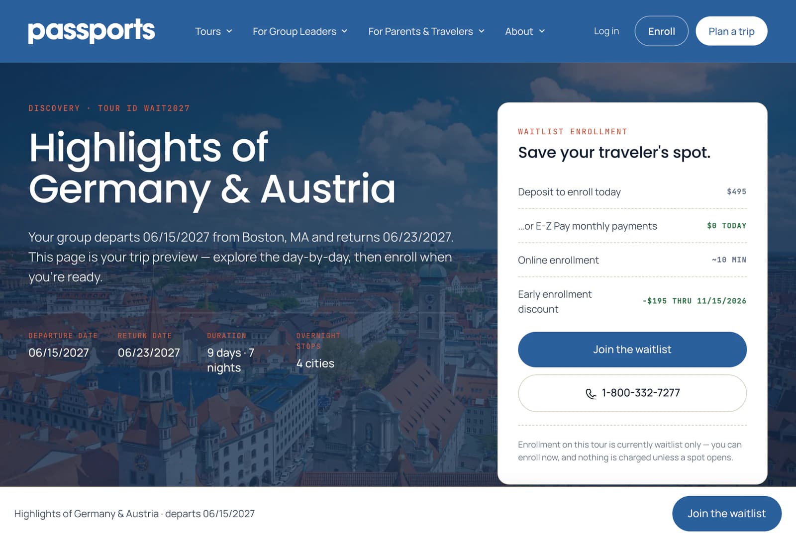 The tour page of a waitlist-only tour: Waitlist enrollment, the Join the waitlist button, and the note that enrollment is currently waitlist only and nothing is charged unless a spot opens