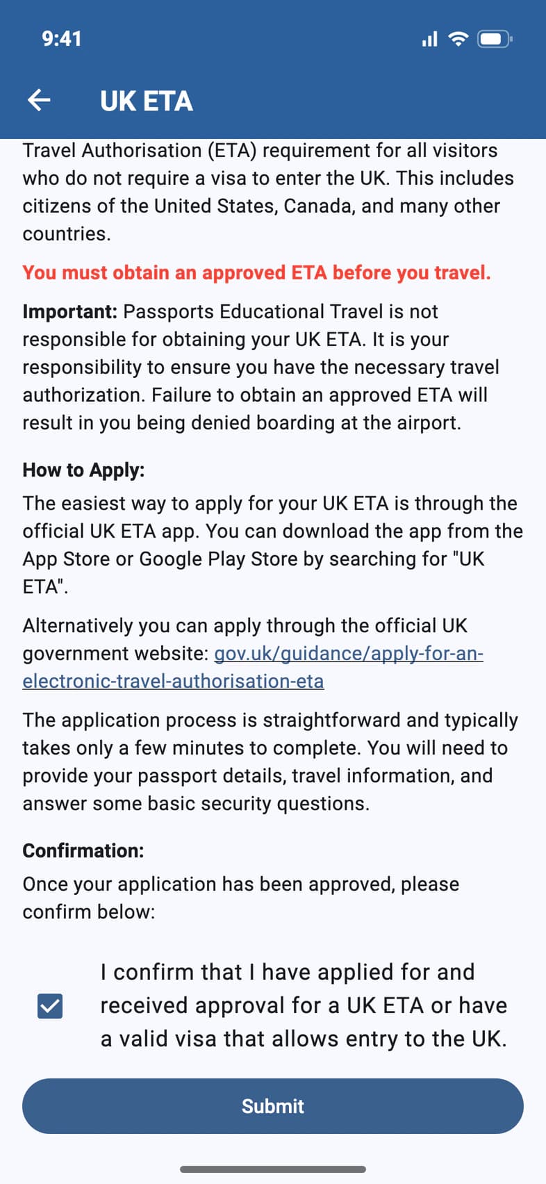 UK ETA: why it's needed, how to apply in the UK ETA app or on gov.uk, and the confirmation box ticked, with Submit