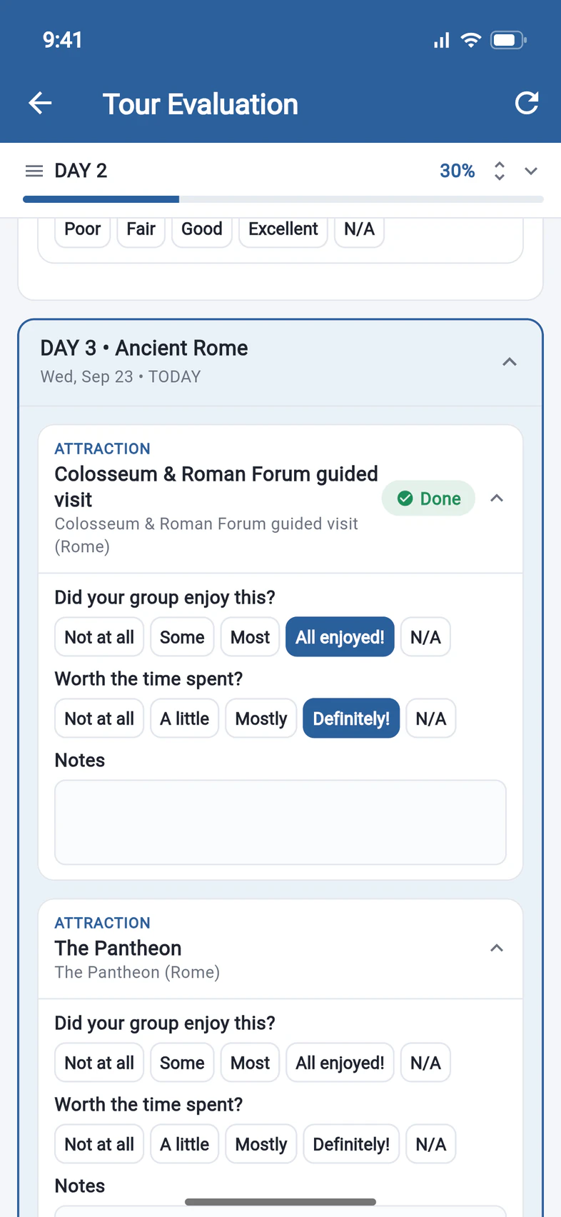 Day 3, Ancient Rome: the Colosseum and Roman Forum guided visit rated All enjoyed! and Definitely!, marked Done, then the Pantheon