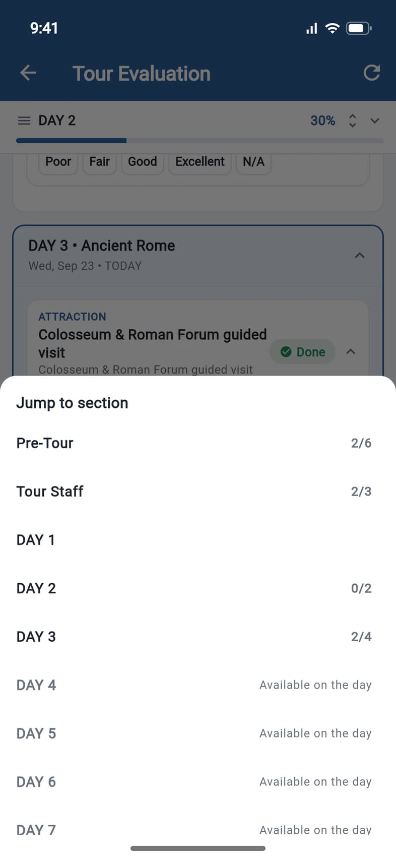 Jump to section: Pre-Tour 2 of 6, Tour Staff 2 of 3, Day 1 to Day 3, and Day 4 onwards Available on the day
