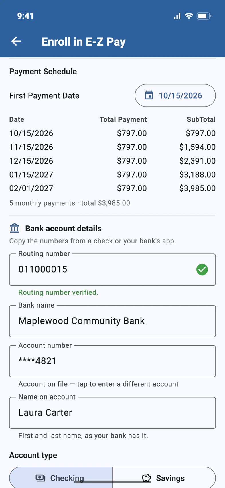 The payment schedule: five payments of $797.00 from Oct 15, 2026 to Feb 1, 2027, totaling $3,985.00, then the bank account on file