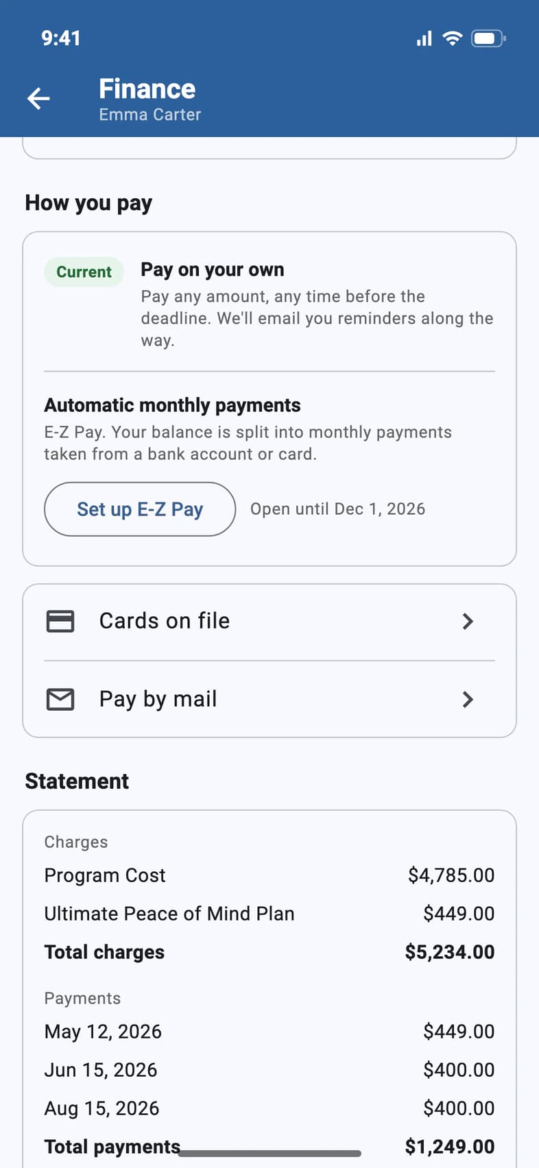 The Finance page with Cards on file and Pay by mail