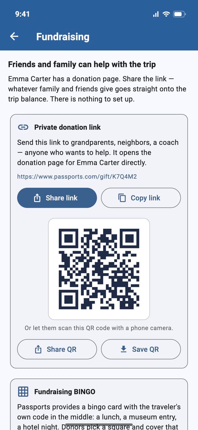 Fundraising: Friends and family can help with the trip. The private donation link with Share link and Copy link, then its QR code