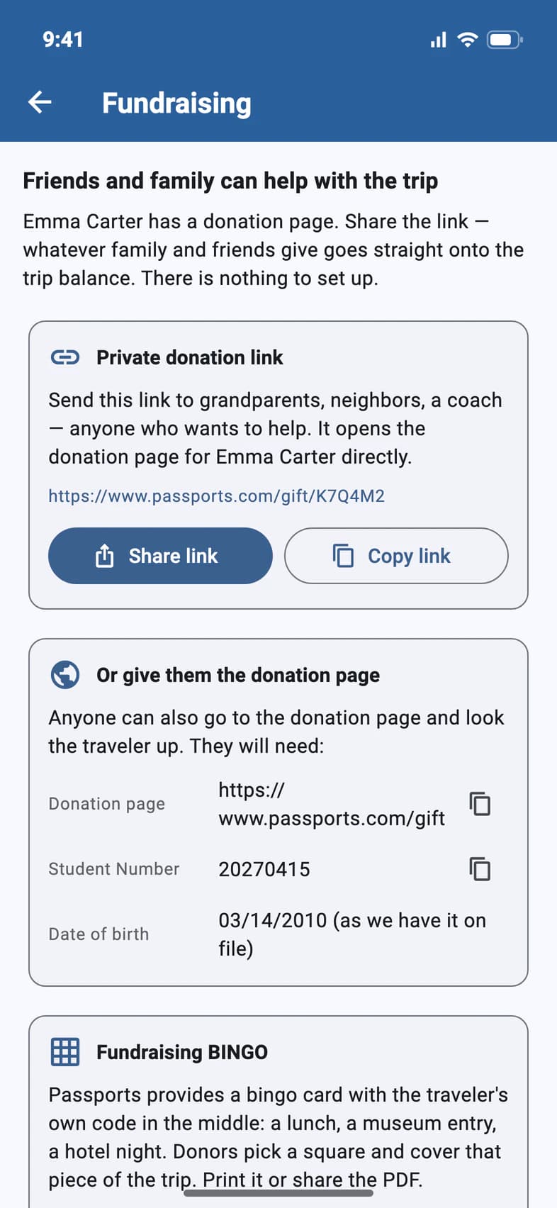 Fundraising: Friends and family can help with the trip. The private donation link with Share link and Copy link