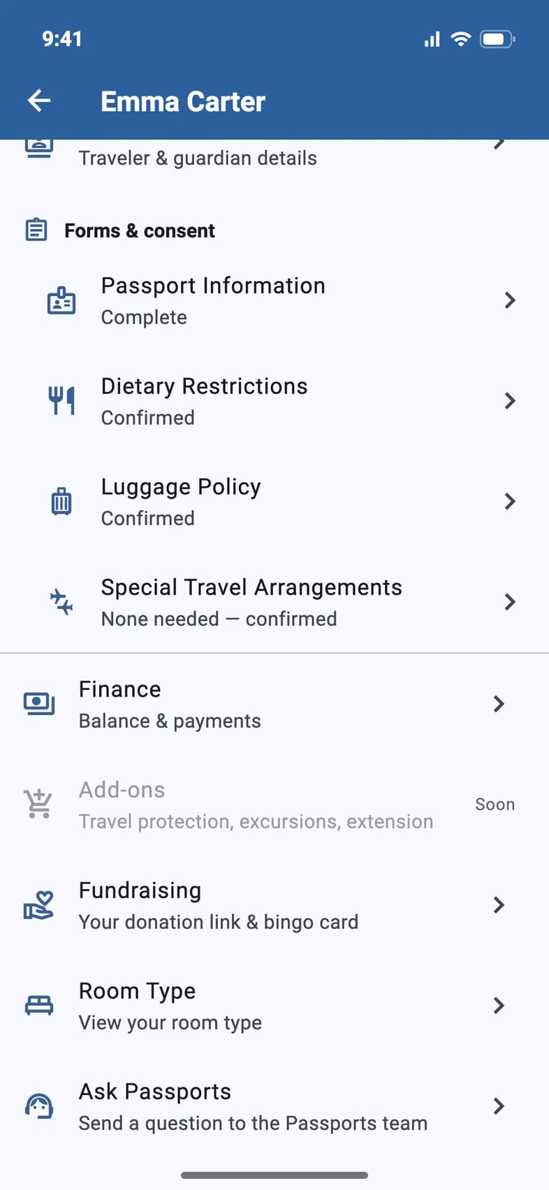 A traveler's account page with Finance, Add-ons, Fundraising (your donation link & bingo card) and Room Type