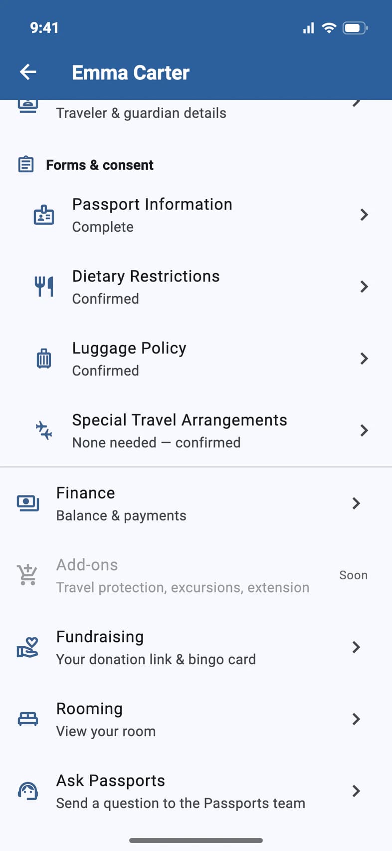 A traveler's account page with Finance, Add-ons, Fundraising (your donation link & bingo card) and Rooming